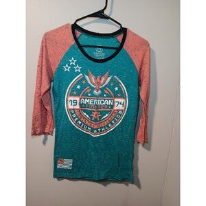 American Fighter Shirt Womens Medium 3/4 Sleeve Sheer Blue Raglan